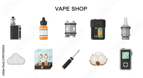 Ten vector icons related to vaping products displayed under the text VAPE SHOP