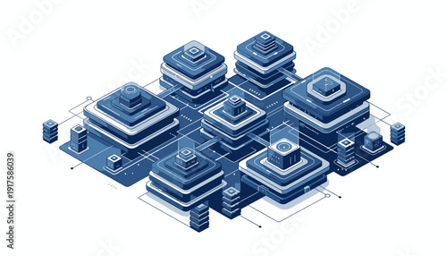 3D rendered blue server farm with interconnected data centers.