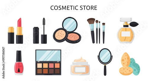 Various cosmetic products and applicators arranged below text