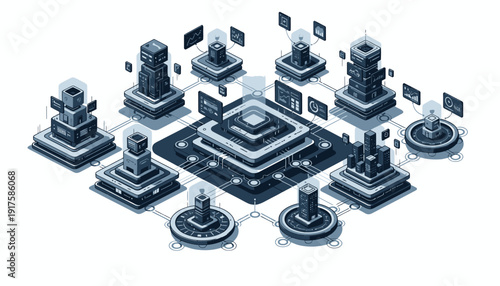 Isometric illustration of a central hub connected to various devices and servers.