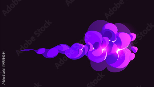 Cartoon magic purple smoke effect. Vector explosion glowing with energy and fantasy fire. vfx cloud with sparkle, burst, trail, dust and neon flare. Isolated bright blast effect for game animation