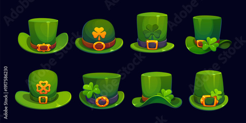 Cartoon leprechaun hats. Vector set of festive green top hats and bowlers with gold buckles, shamrocks and decor. Cylinder caps symbolize Irish culture, luck, and St Patrick Day holiday celebrations