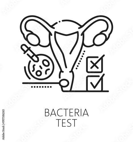 Bacteria test gynecology healthcare line icon or pictogram. Urinary healthcare sign, pregnancy and fertility vector symbol. Gynecology test and health examination icon with uterus, microbe or bacteria
