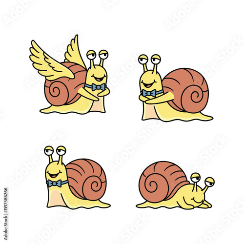 Cartoon snails with different emotions and actions in a set of four illustrations