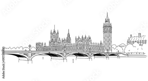 Detailed linear drawing of iconic landmark with bridge and clock tower