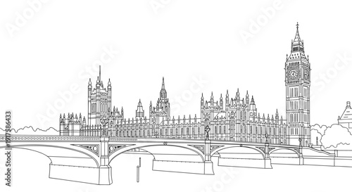 Detailed line art of westminster palace and big ben from across the thames river