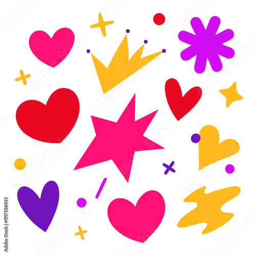 Colorful whimsical illustration of hearts stars and shapes