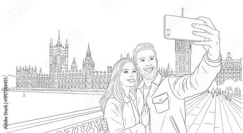 Couple taking selfie on westminster bridge with big ben in background line art
