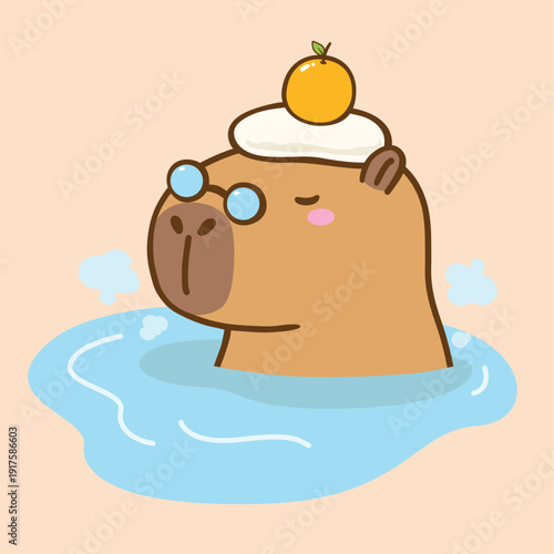 Kawaii capybara relaxing in hot spring with orange cartoon hand drawn illustration