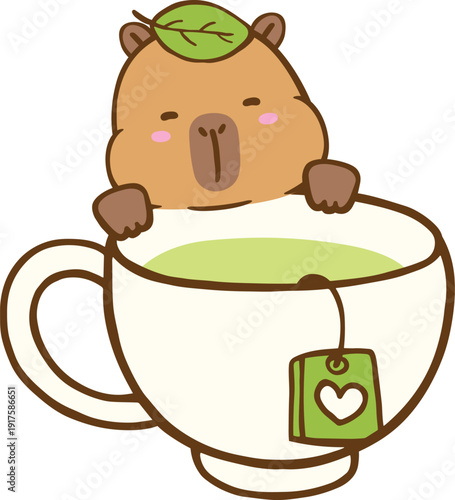 Kawaii capybara holding teacup and aroma cartoon hand drawn illustration