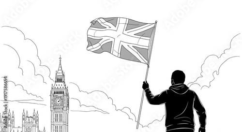 Monochrome drawing of person holding union jack in front of london skyline