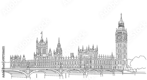 Detailed linear art of westminster palace and big ben skyline
