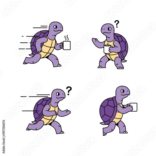 Cartoon turtle using smartphone in different scenarios with puzzled expression