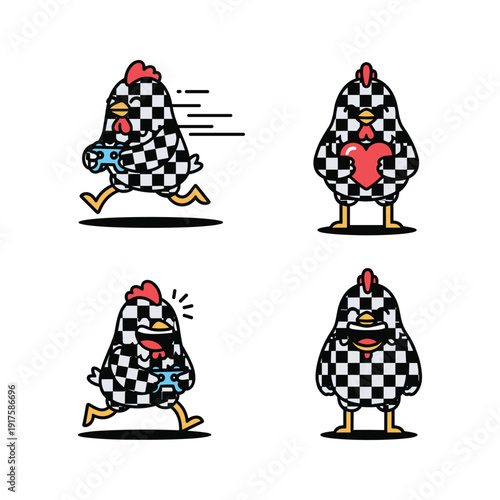 Cartoon chicken character set in various dynamic poses with checkered pattern