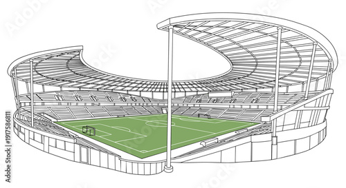 Modern football stadium outline with green field in 3d perspective
