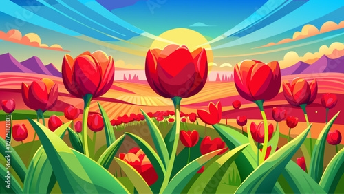 Very beautiful red tulip flowers stretching across a colorful spring field, elegant cup-shaped petals glowing under bright daylight, creating a vibrant and romantic natural landscape scene.