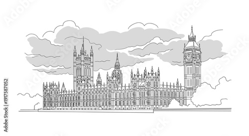 Linear drawing of london's iconic palace of westminster and big ben with cloudy sky