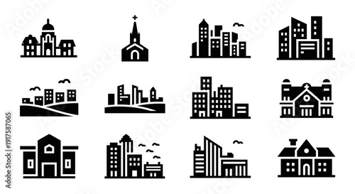 Set of silhouette cityscape icons featuring urban and rural buildings