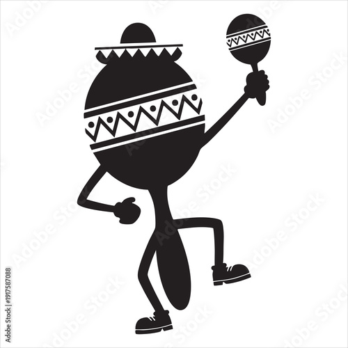 Dancing sombrero character with maraca – fiesta silhouette vector illustration