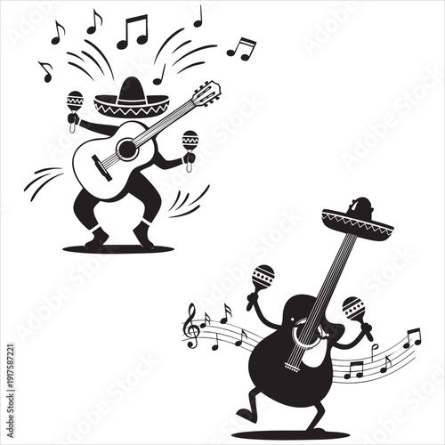 Two festive guitar and maraca characters with sombreros.