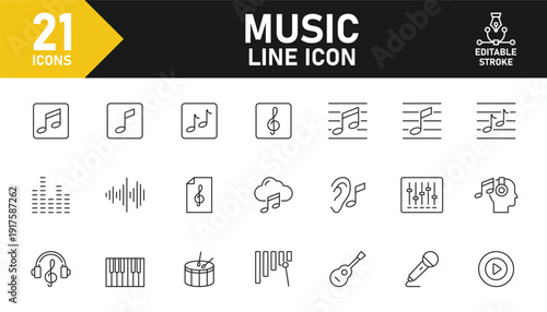 Music line icon set. Set of 21 outline icons related to musical note, tone, instrument, musical instruments, musical scales and others. Editable stroke. Vector illustration.