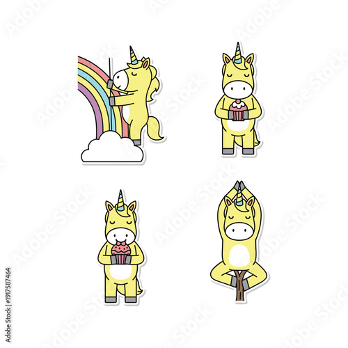 Cute cartoon unicorns with gifts and rainbow on white background