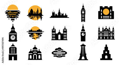 Iconic landmarks silhouette set with modern and classic architectural elements