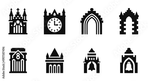 Silhouette icons of gothic architecture featuring arches and towers