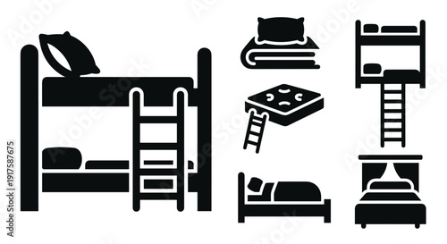 Minimalist silhouette icons of bunk beds with bedding elements