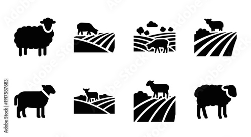 Silhouette farm animal icons on rural landscape with sheep and cows