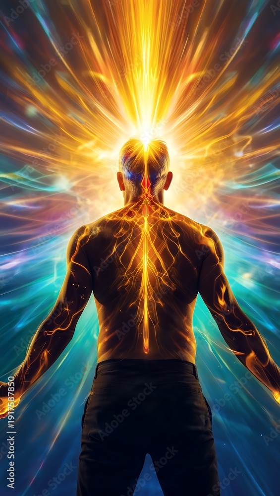 Fototapeta premium Man radiating vibrant energy with glowing lines on body