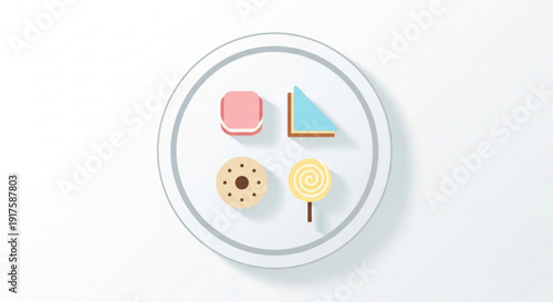 Assorted sweet treats on a white plate including macaroon cake cookie and lollipop for dessert or snack concept