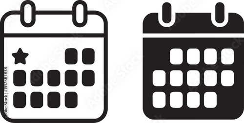 Calendar icon black and white vector illustration with a star marking a special date event reminder