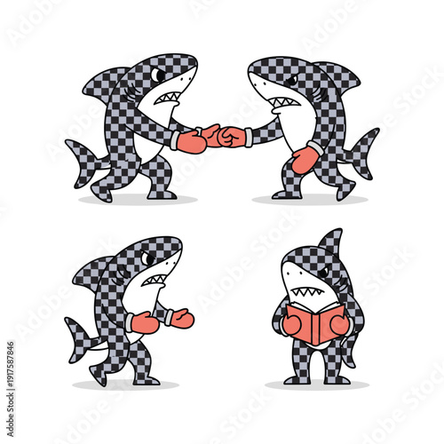Cartoon sharks wearing boxing gloves in various fighting poses with checkered pattern