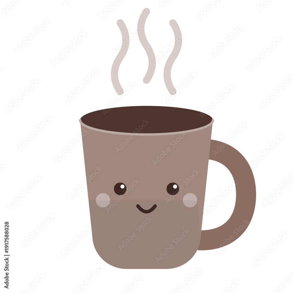 Obraz premium Cute Smiling Coffee Mug with Steam Kawaii Style Illustration