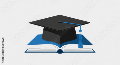 Graduation cap sits atop open book symbolizing education and academic achievement