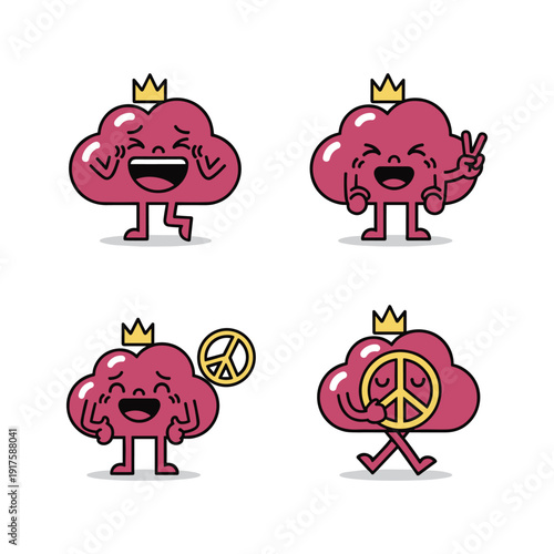 Cartoon brain characters with crown expressing happiness and peace signs on white background