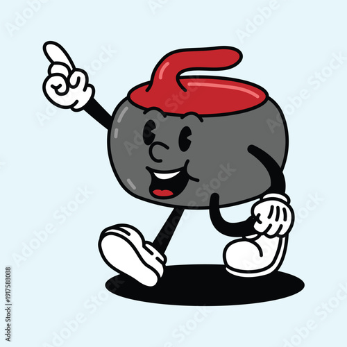 Cartoon Curling Stone Character with Red Handle. Curling Sport Retro Mascot Cartoon Character.