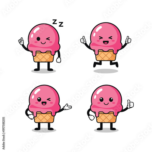 Cartoon ice cream cone characters showing different emotions and gestures