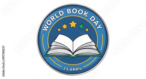 World book day emblem featuring open book and stars on blue background celebrating literature and reading on 23 april