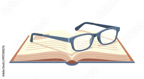 Blue glasses on top of an open book with brown cover and white pages reading concept