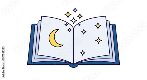 Open book with moon and stars on pages magic spell fantasy reading dreamy night sky