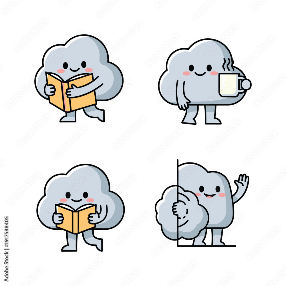 Obraz premium Cute cartoon cloud characters reading and enjoying coffee in various activities with friendly gestures