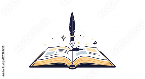 Open book with quill pen writing symbolizing creativity and knowledge education and inspiration