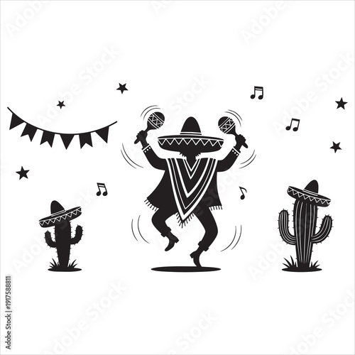 Cinco de Mayo celebration with mariachi dancer, maracas, and cactus.