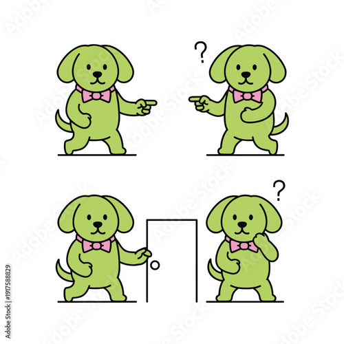 Confused cartoon dog trying to open door with puzzled expression