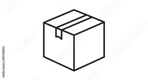 Isometric view of a cardboard box with simple line art design on white