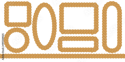 Set rope elements of different forms, circle, capsule, oval flat vector, rope brush element. Different vintage rope stroke element with loops