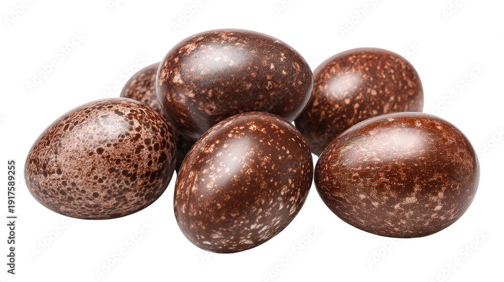 Obraz premium Group of brown speckled chocolate easter eggs on transparent background