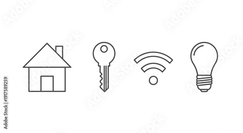 Smart home icons house key wifi and light bulb symbols on white